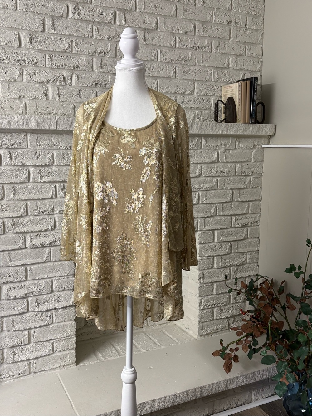 Marina Gold Metallic Floral 2PC Tunic & Longline Jacket Set Sz 12